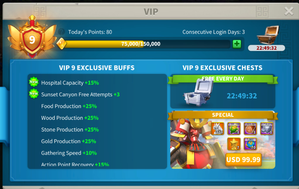 Rise of Kingdoms Account – Feudal age – VIP 9 – 8,000,000 power + good resources