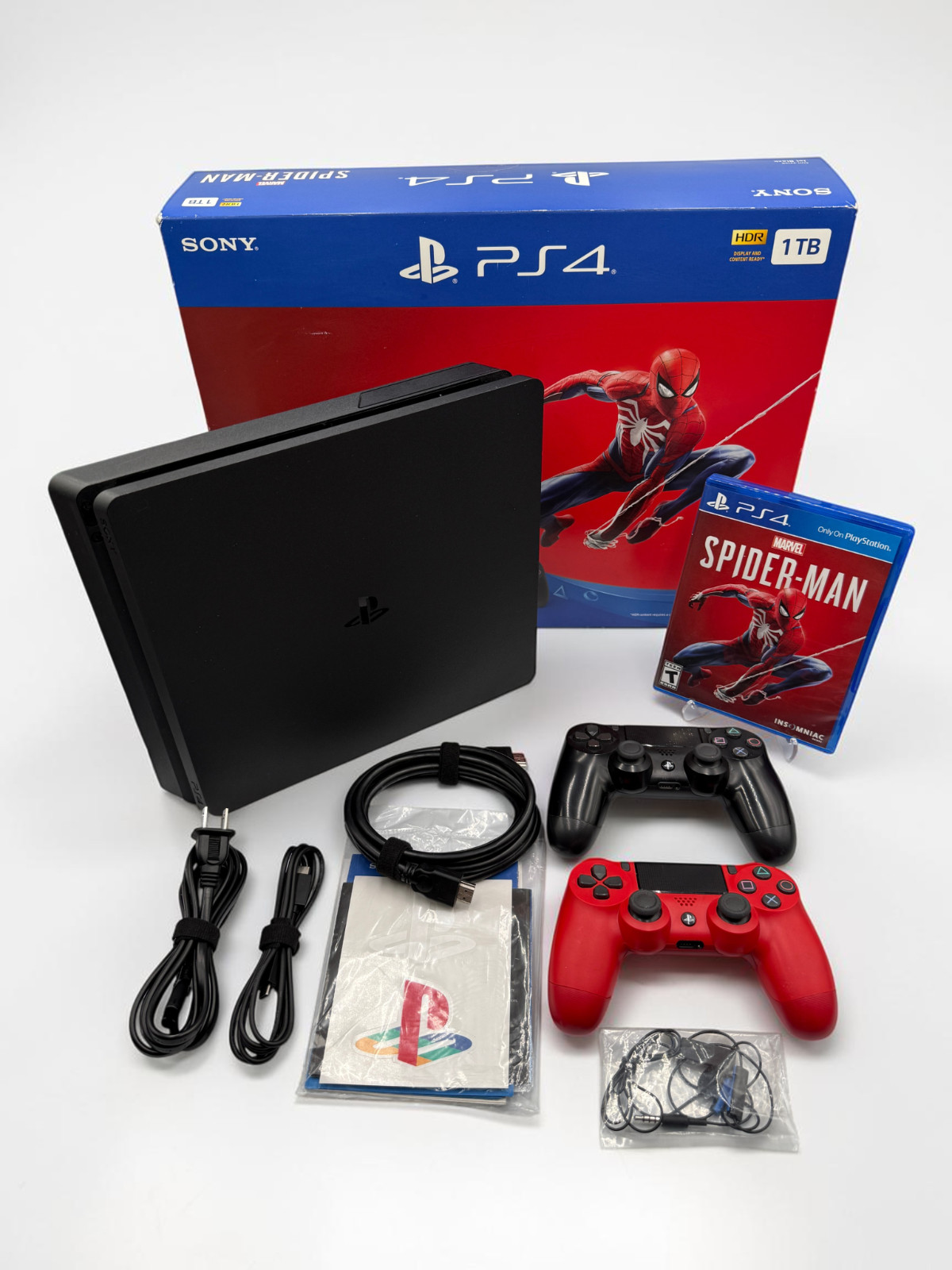 Spider-Man Playstation 4 PS4 Slim 1TB CIB w/ 2 Controllers Tested Firmware 11.00