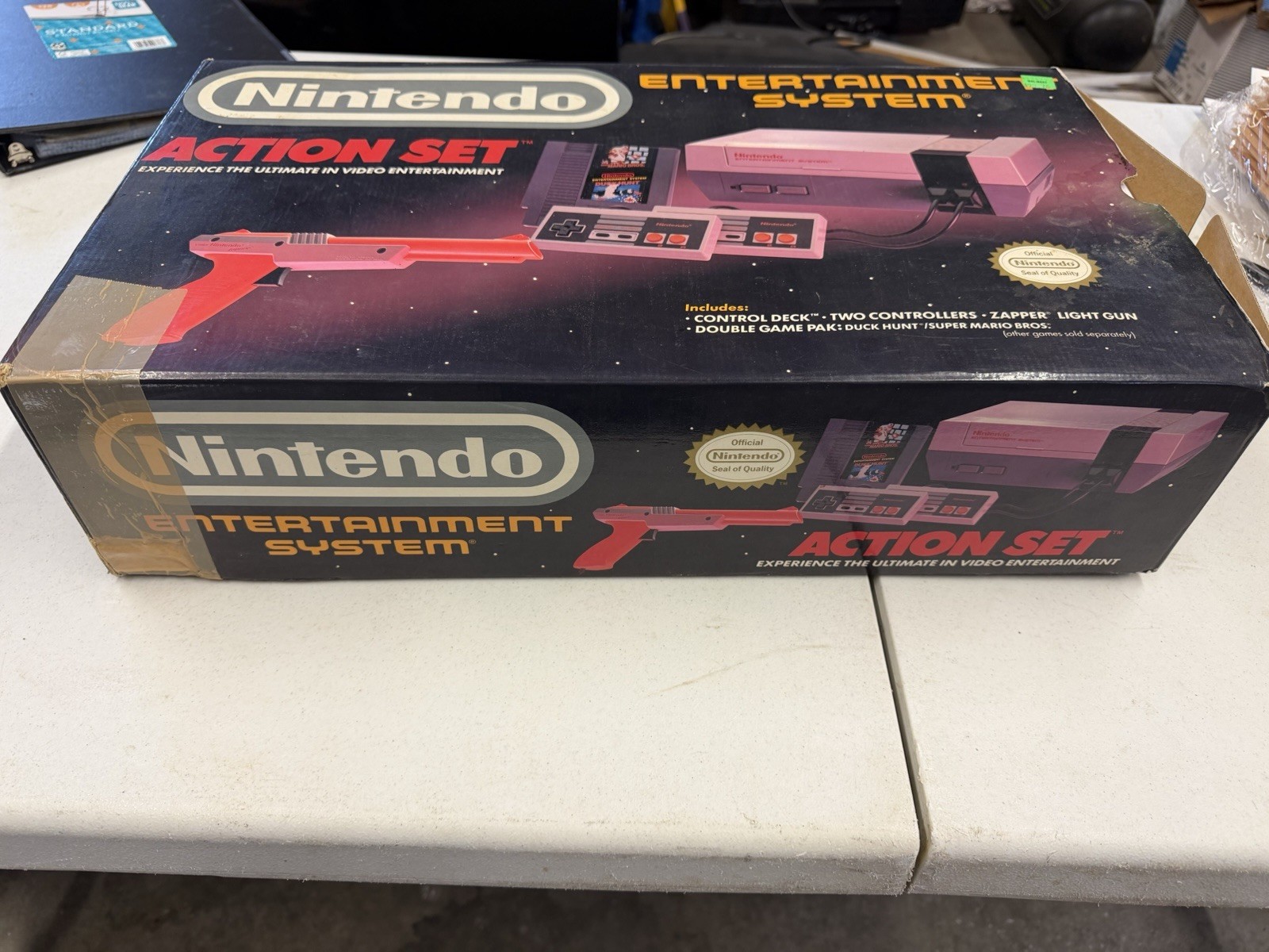 NES Action Set Box with Styrofoam, Console, Controllers, Hookups.