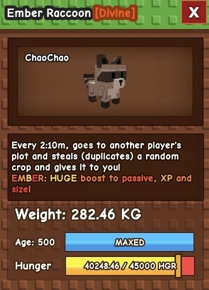 282kg HUGE EMBER RACCOON LEVEL 500 🔥 MUTATION GROW🪴 A Garden