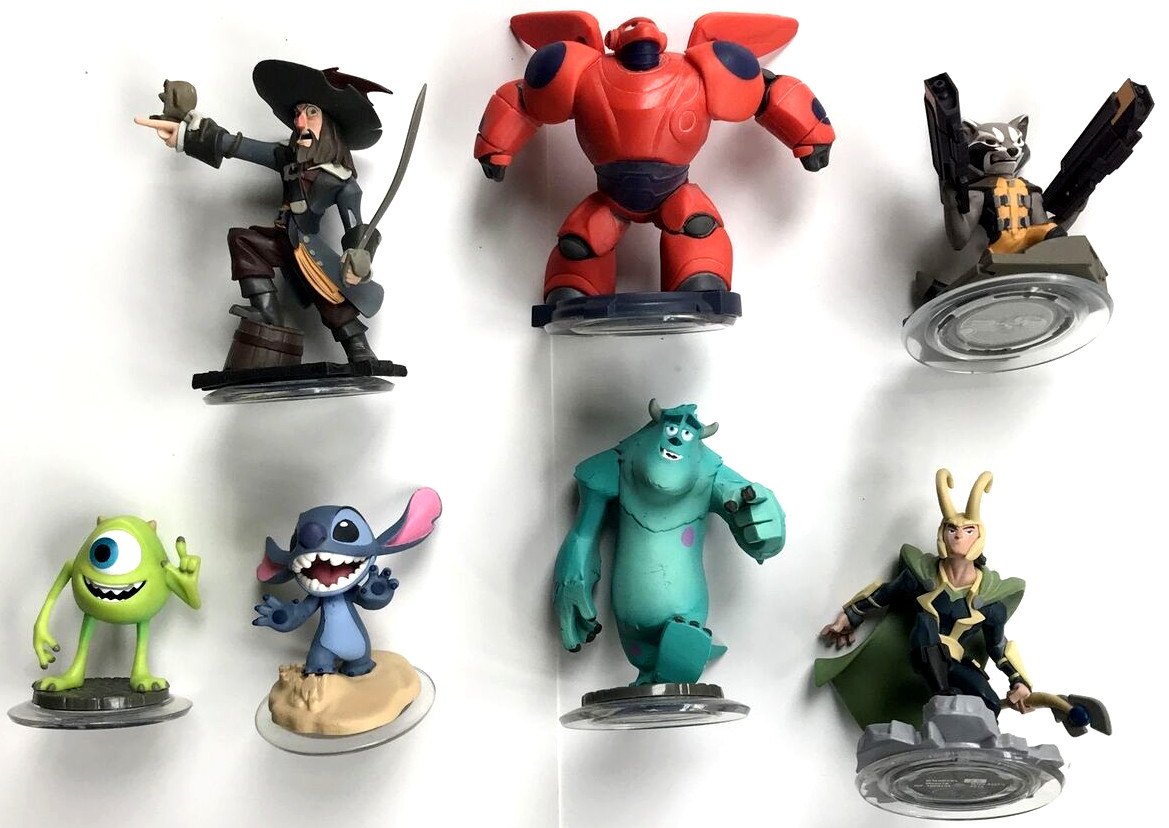 Disney Pixar Infinity Figures (7) Stitch Loki Baymax Barbossa Rocket Mike Sulley