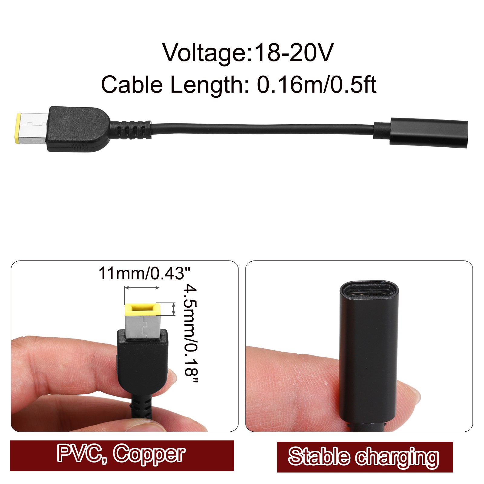 0.5FT USB C to DC PD Power Fast Charging Cable, 11mmx4.5mm 65W/18V-20V(Black)