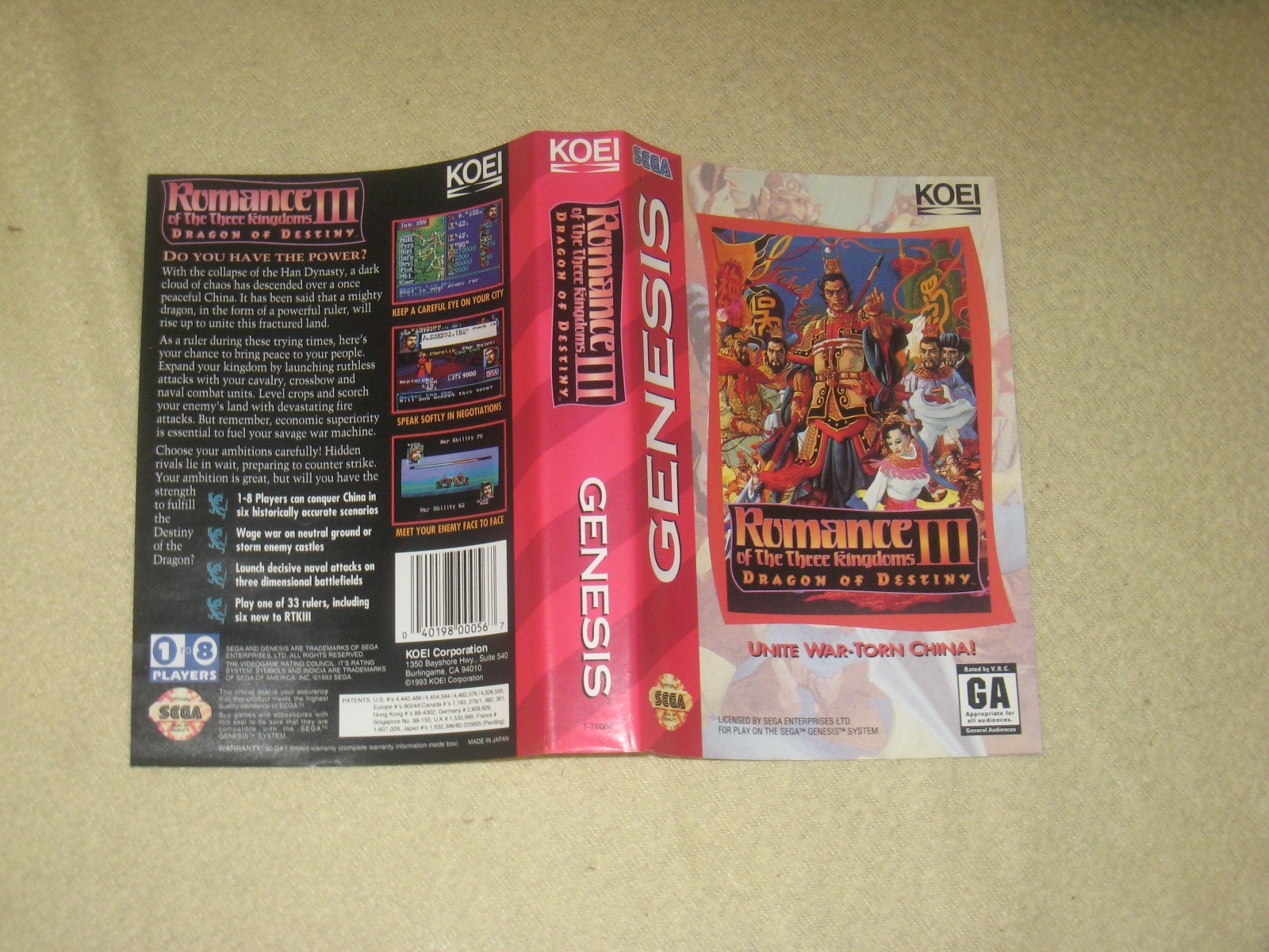 Romance III: Dragon Complete (No Map) for Sega Genesis. Authentic. Clean/Test.