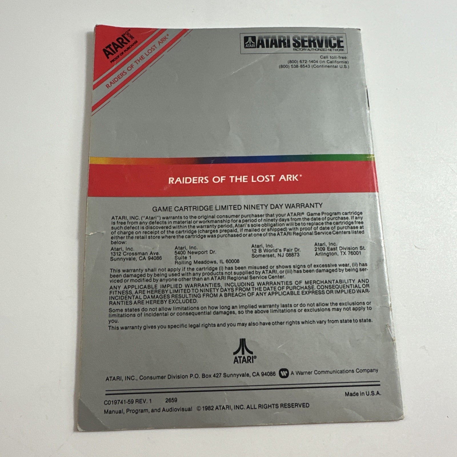 Raiders of the Lost Ark Atari 2600 Cartridge & Manual 1982