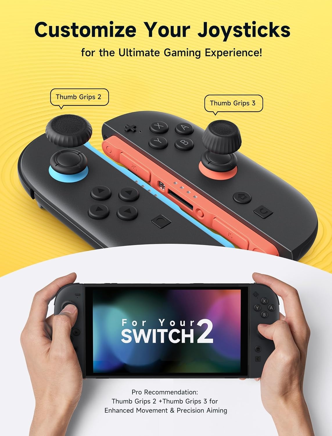 3 Pair Black JSAUX Thumb Grips for Nintendo Switch 2 Caps Joycon Stick Cover