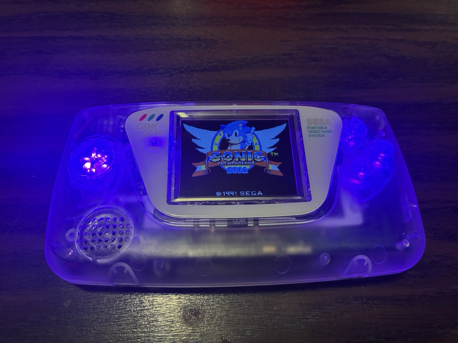 Sega game gear custom modded purple LEDs IPS Screen Recapped Clear shell
