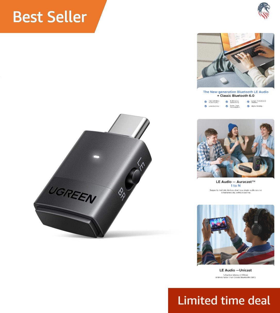 USB-C Bluetooth 6.0 Adapter Compatible with PS5 PC Dual Pairing LE Audio