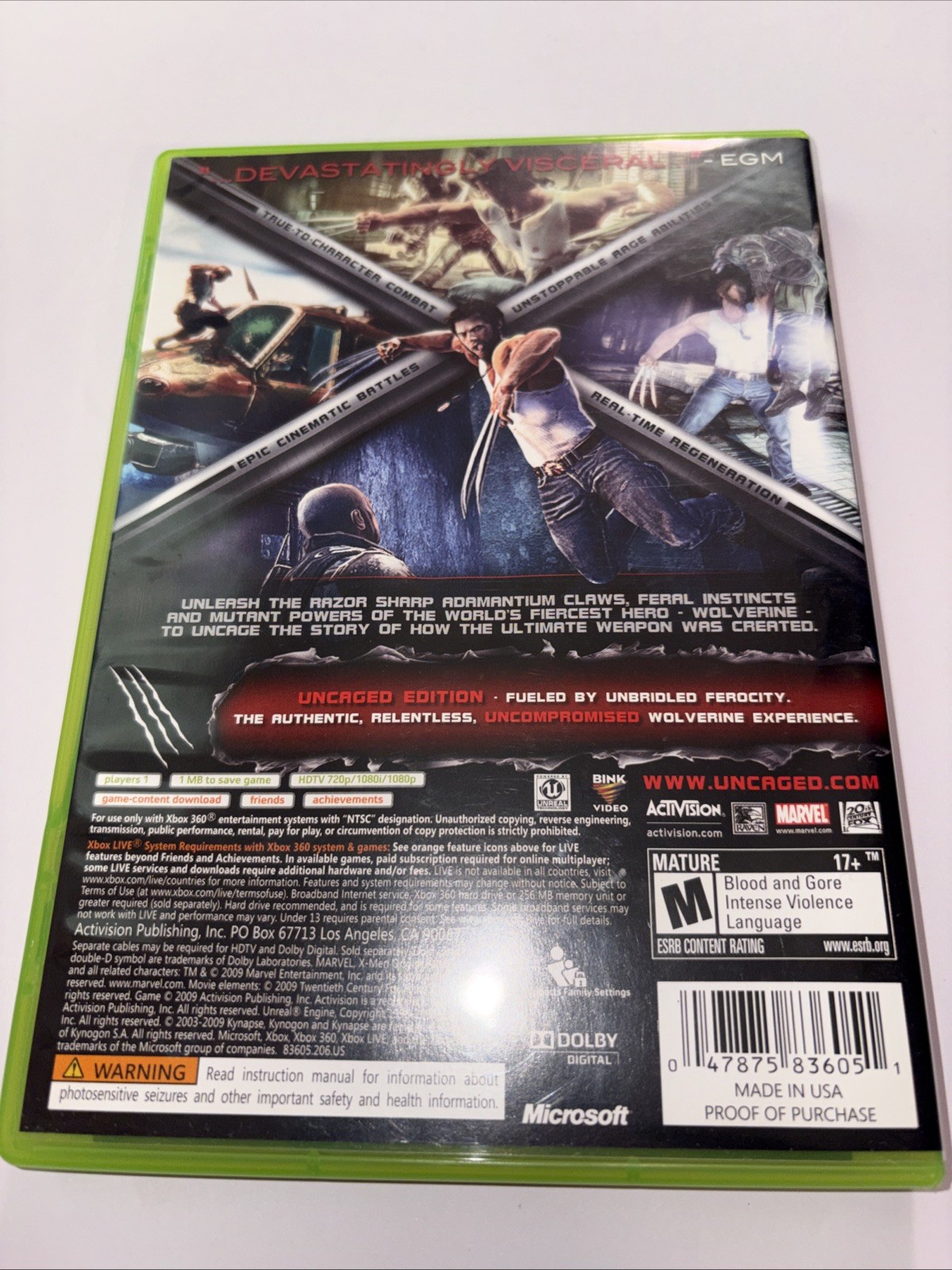 X-Men Origins Wolverine Uncaged Edition Xbox 360 Case And Manual Only No Game