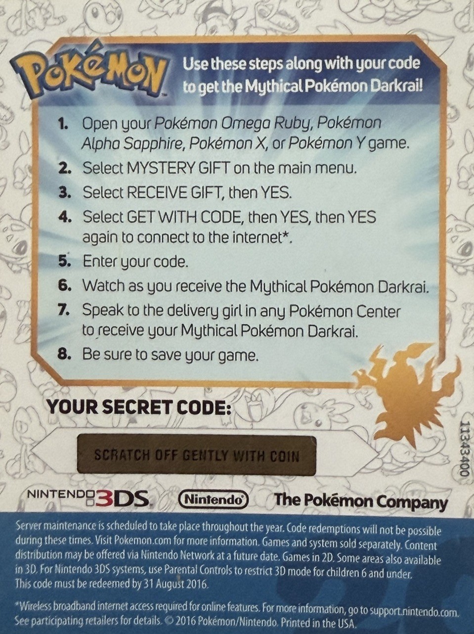 Mythical Pokemon Darkrai Scratch Off Promo Card – 2016 – Unscratched – Expired