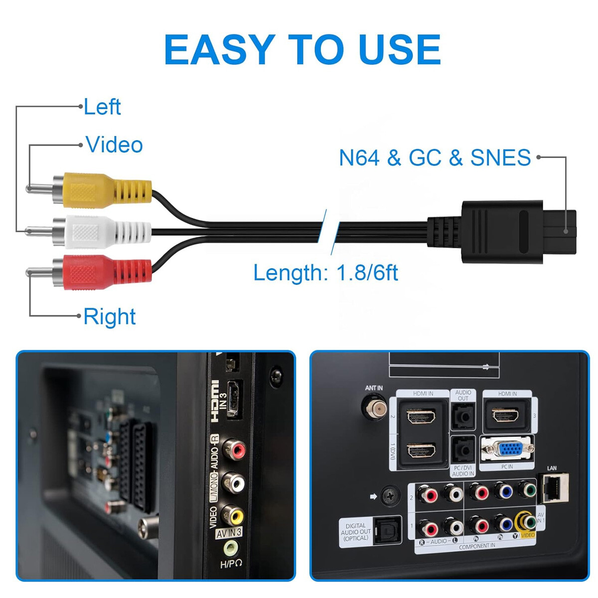 6 FT RCA TV AV Audio Video Stereo Cable Cord For Nintendo N64 SNES Gamecube Lot