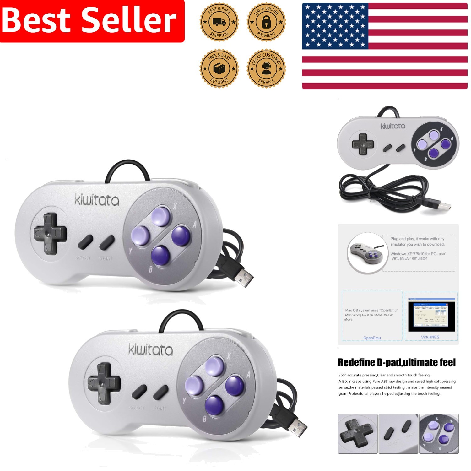2 Pack SNES USB Gamepad Controller PC Mac Retro Emulator Gaming Wired Ergonomic
