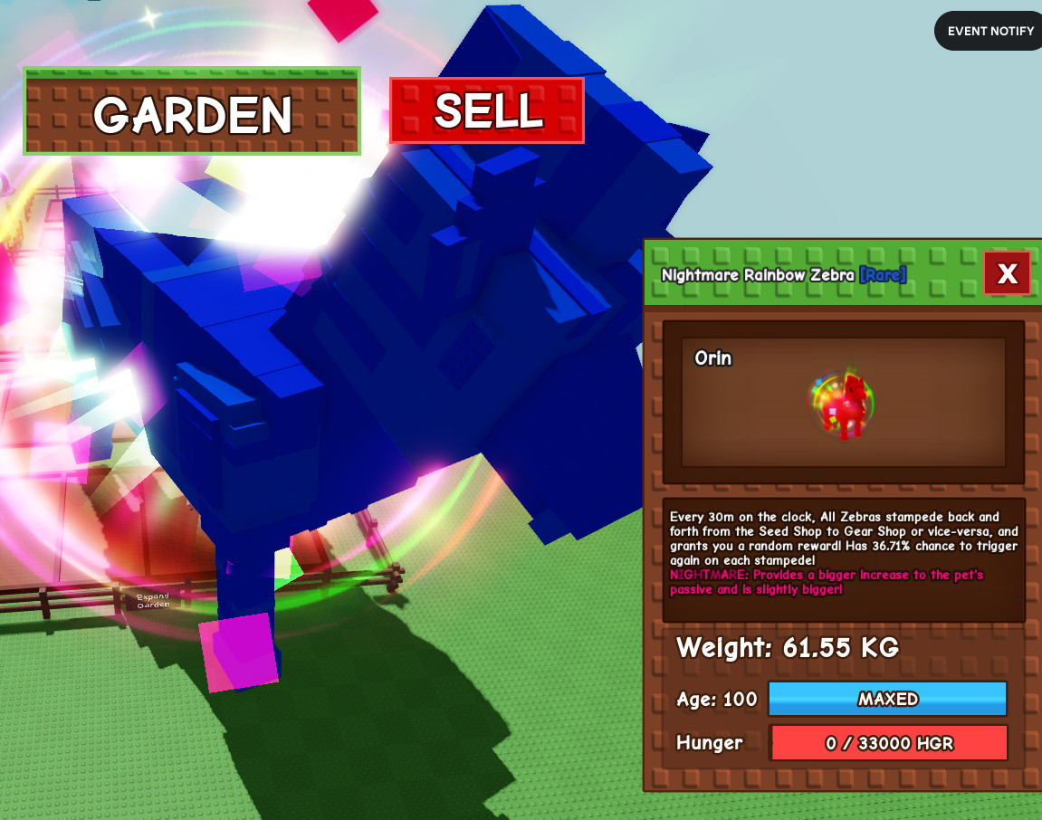 Huge Nightmare Rainbow Hatched Zebra 61.55Kg! – Grow A Garden Pets – Roblox!
