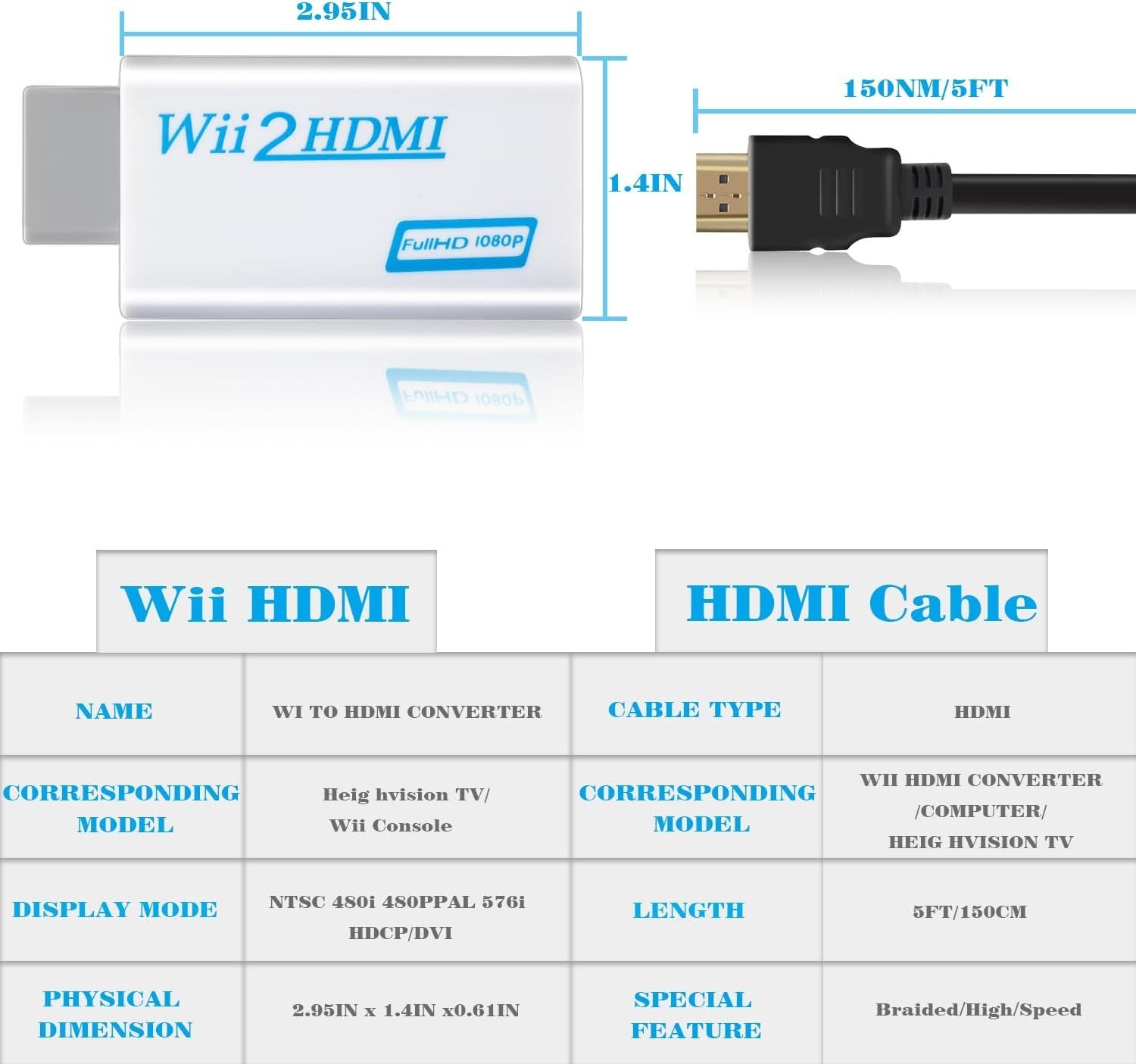 3 in 1 Kit Wii to HDMI Converter Wired Infrared Sensor Bar 5ft HDMI Cable