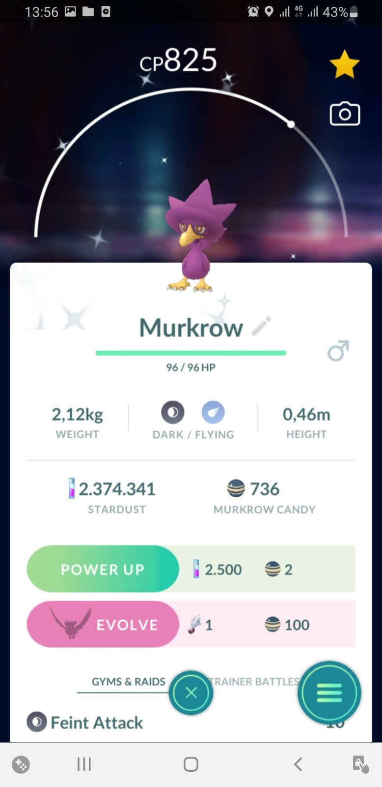 ✨Pokèmon Go, shiny Murkrow, 30 days trade or registered✨