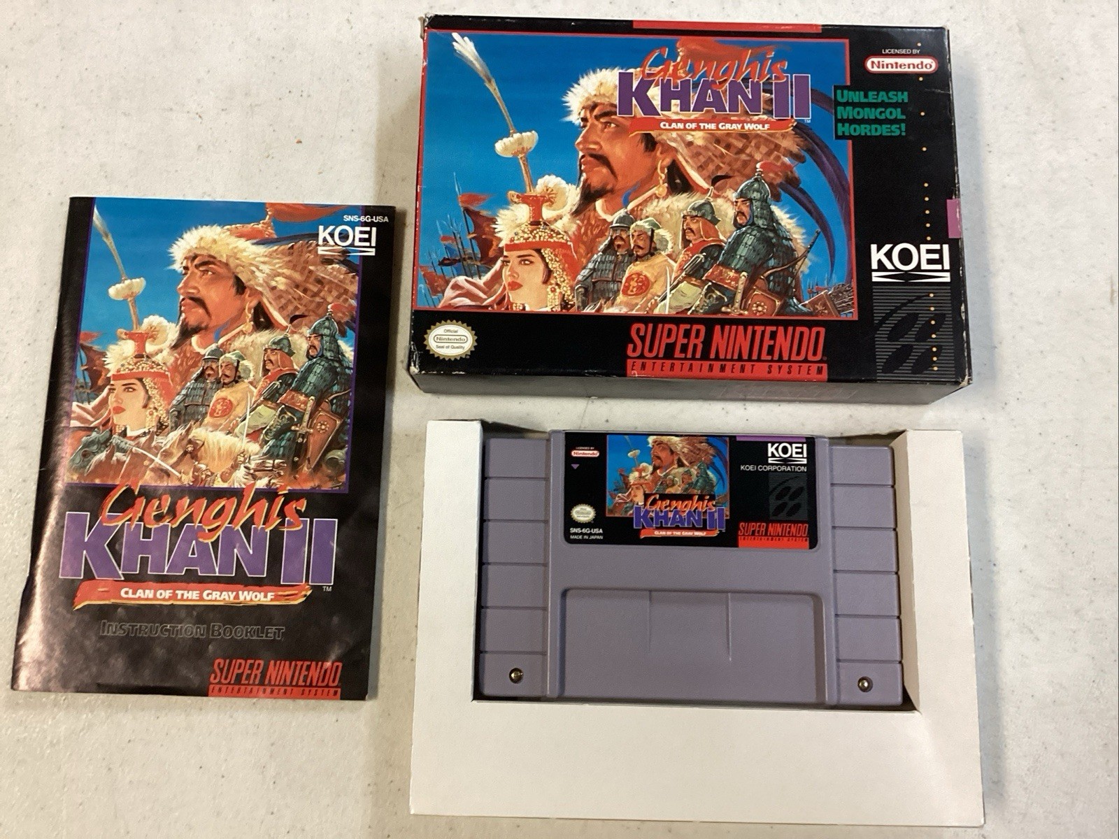 Genghis Khan II: Clan of the Gray Wolf (SNES) Cib Manual Tested Excellent Condit