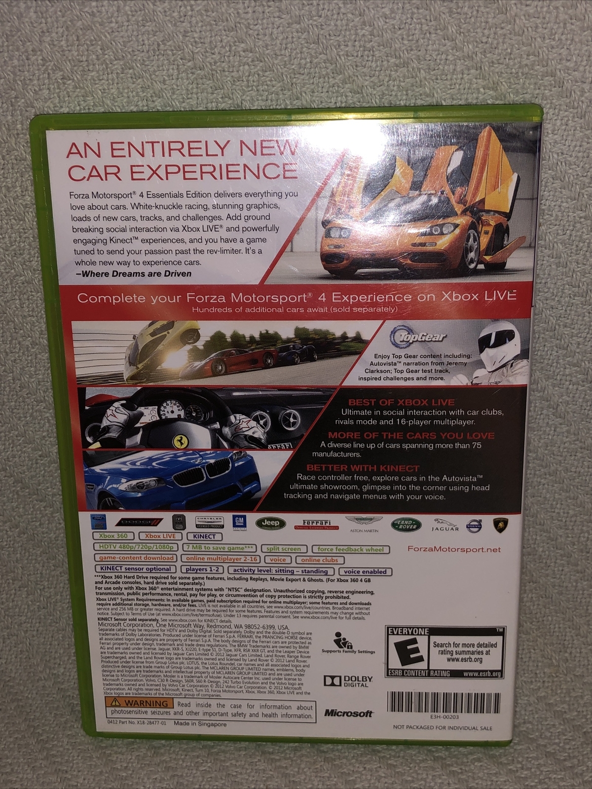 Xbox 360 Forza Motorsport 4 Better With Kinect Sensor Video Game Disc in Case