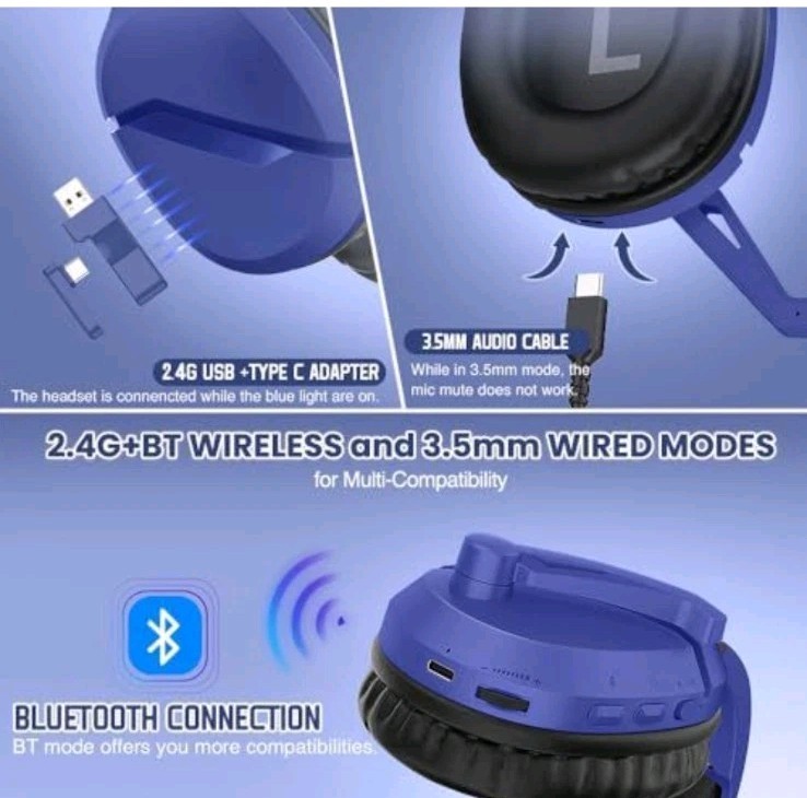 WolfLawS TA2000 Wireless Noise Cancelling Gaming Headset Bluetooth USB Navy Blue