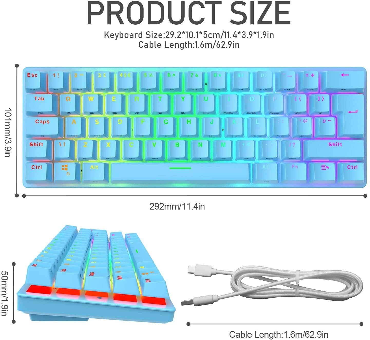 60% Wired Mechanical Gaming Keyboard Mini RGB Backlit Type-C for PC PS4 PS5 Xbox