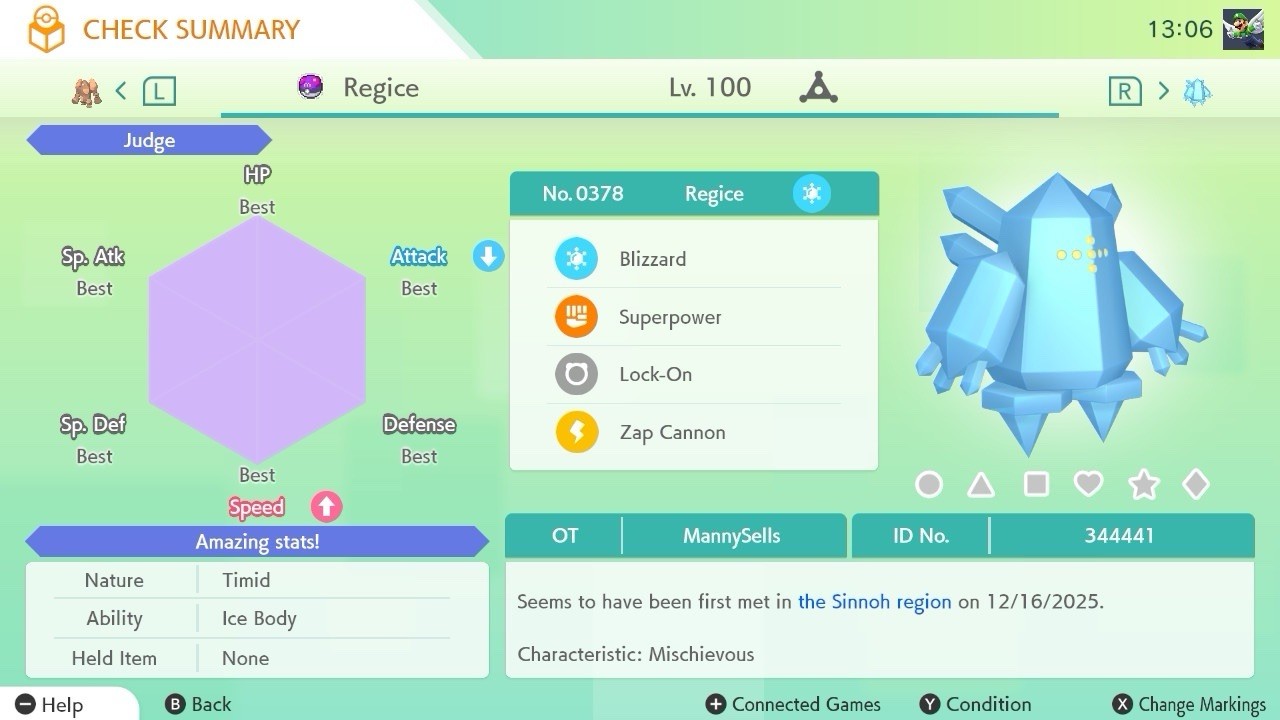 BDSP Caught Legendaries Shiny/Non Shiny, 6IV, Level 100, EVs 6HP 252ATK 252SPE