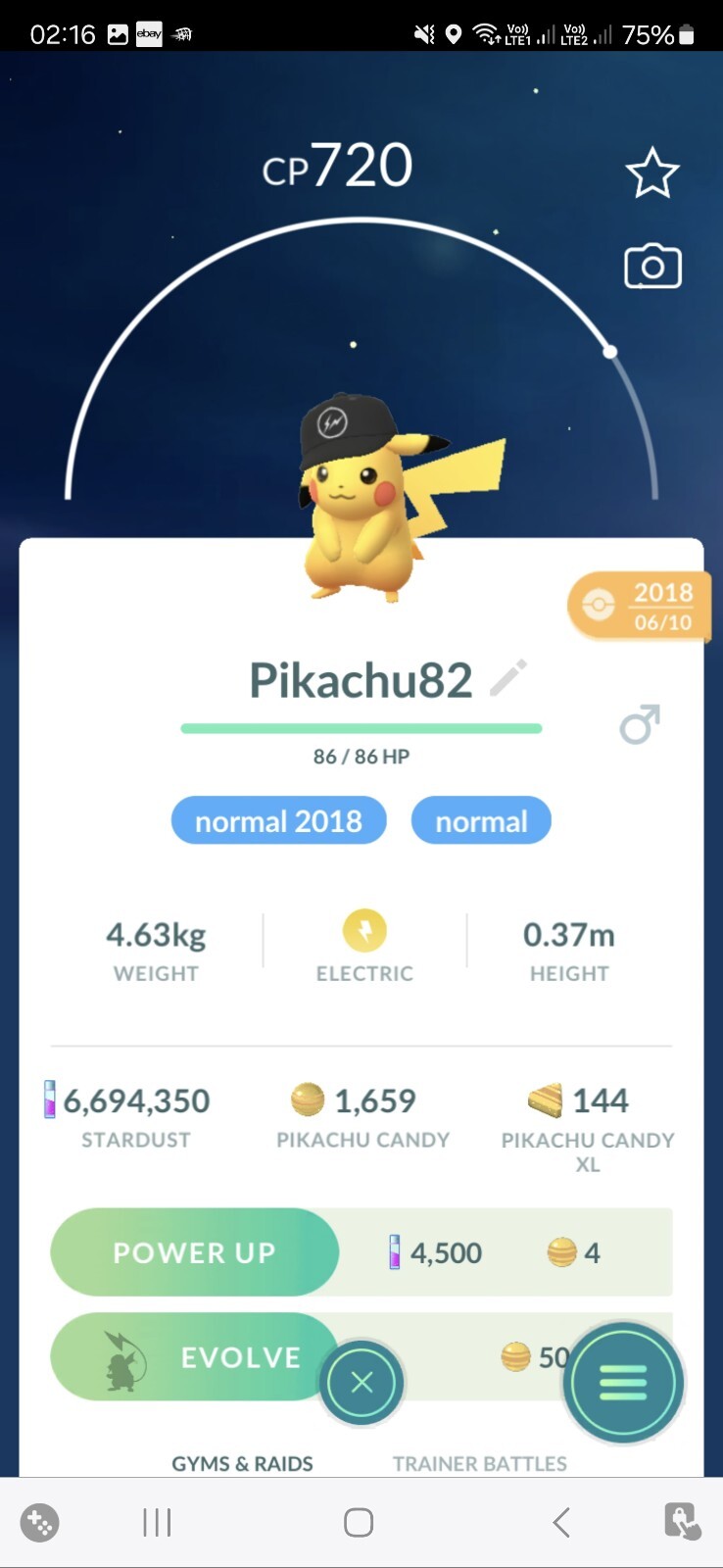 Pikachu ( Fragment Street Hat ) ( Caught In 2018 ) Pokemon Tr@de Go