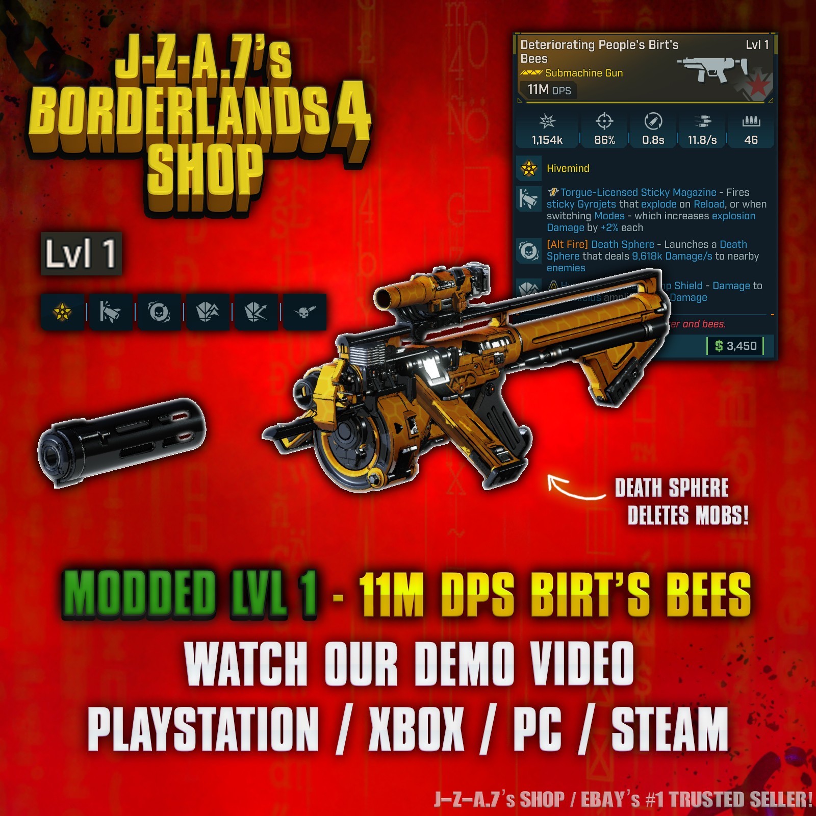 Borderlands 4✨ MODDED LEVEL ONE 11M DPS BIRT’S BEES SMG LVL 1 BL4✅PC-PS-XBOX✨