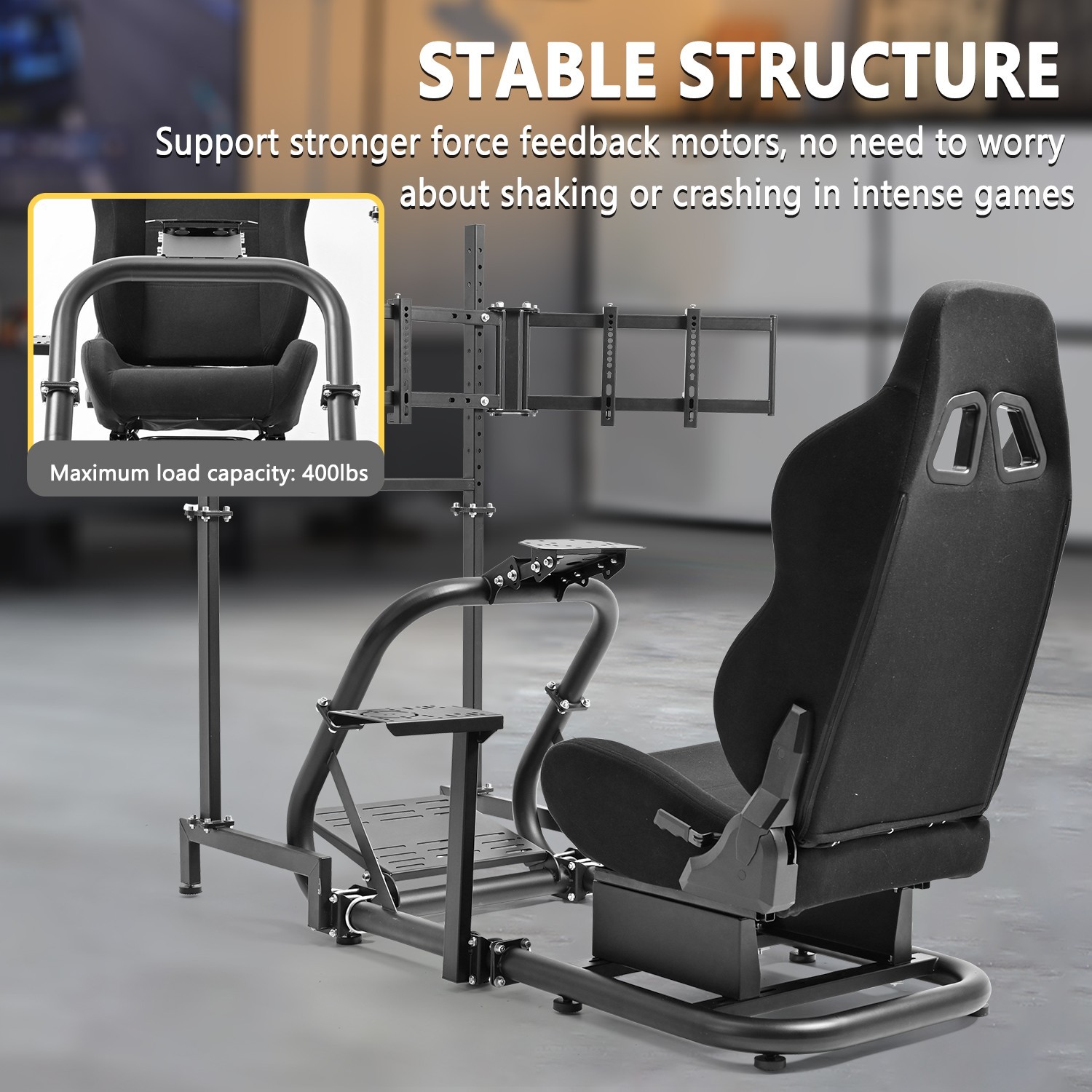 Marada Racing Simulator Cockpit With Seat &Triple Monitor Stand Fit Logitech G29