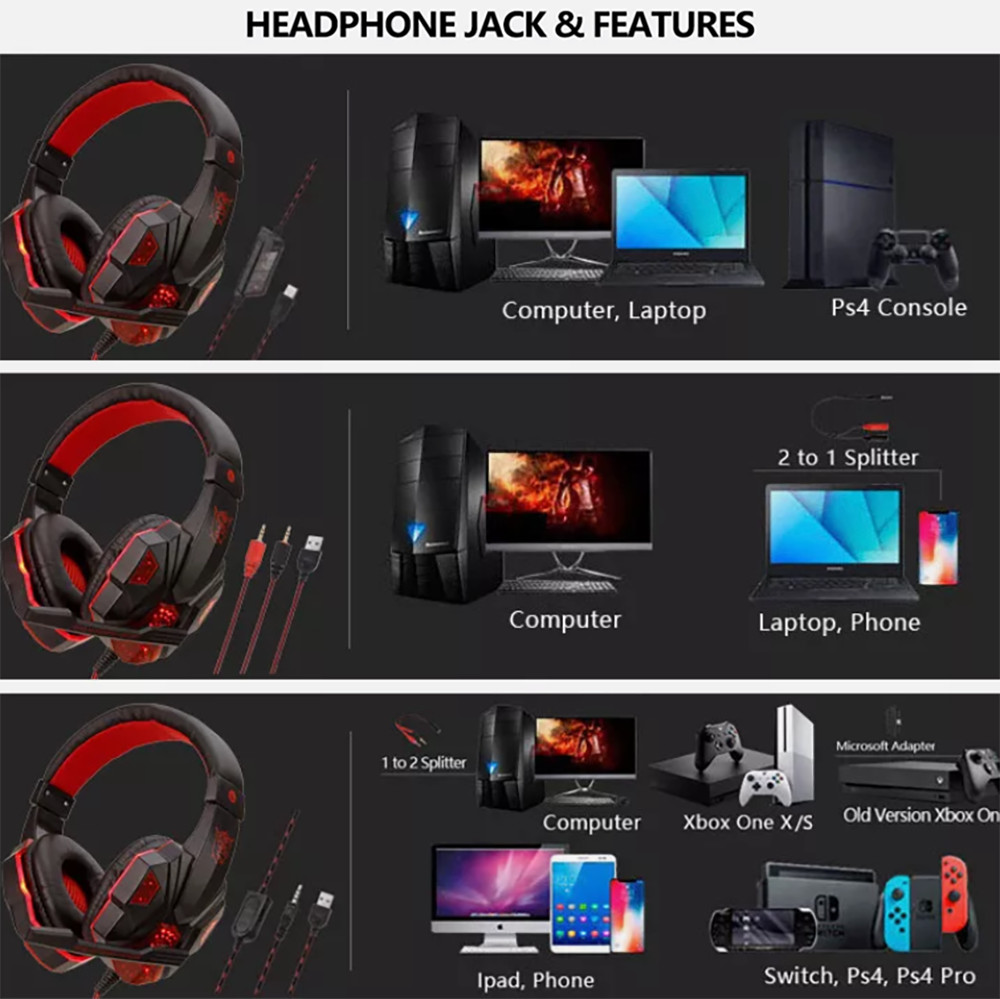 3.5mm Gaming Headset Mic LED Headphones Stereo Bass Surround For PC PS4 Xbox One