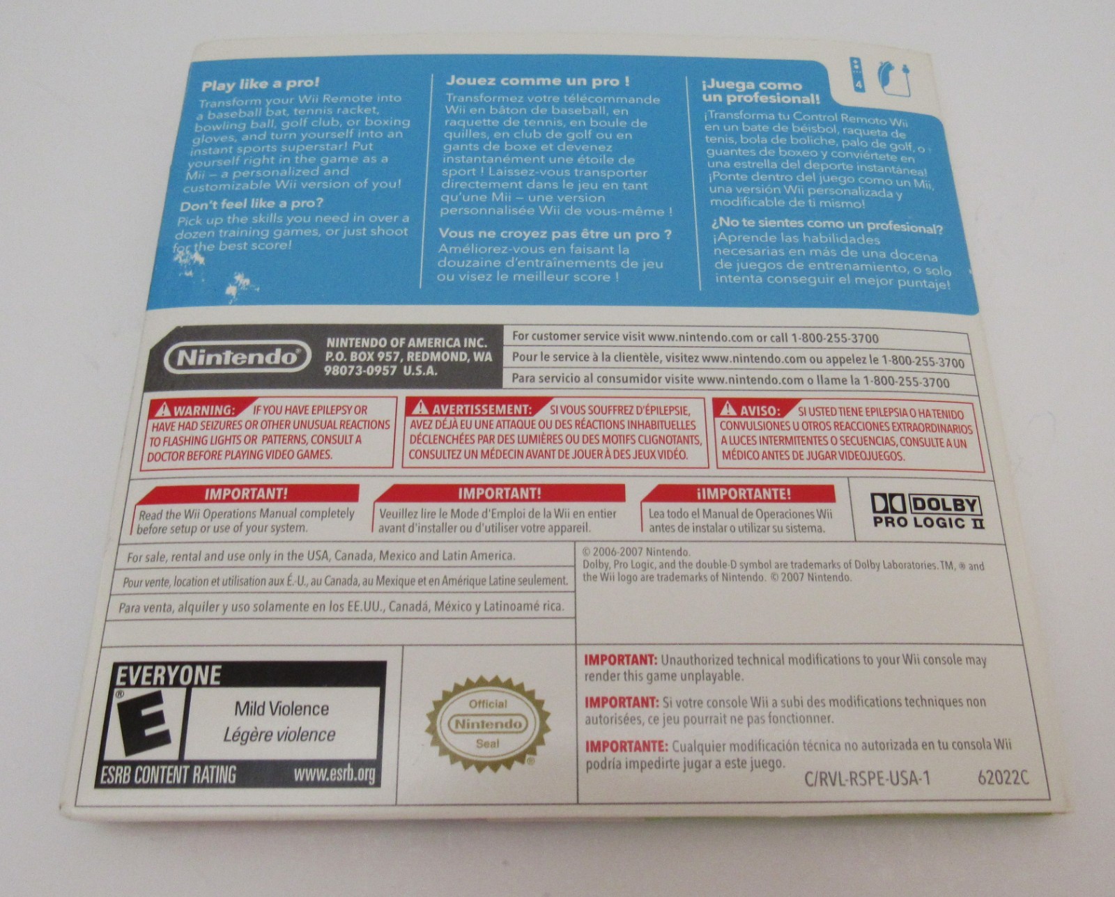 2007 NINTENDO Wii SPORTS (E- EVERYONE) DISC w/ SLEEVE & MANUAL PLAY LIKE A PRO!!