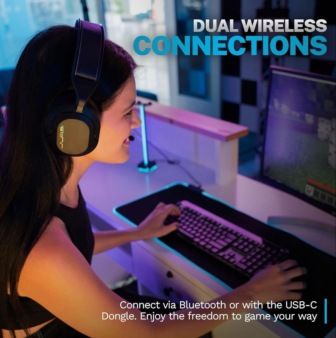JLab Nightfall Wireless Gaming Headset All-Night Comfort Flip Mute Rotating Mic