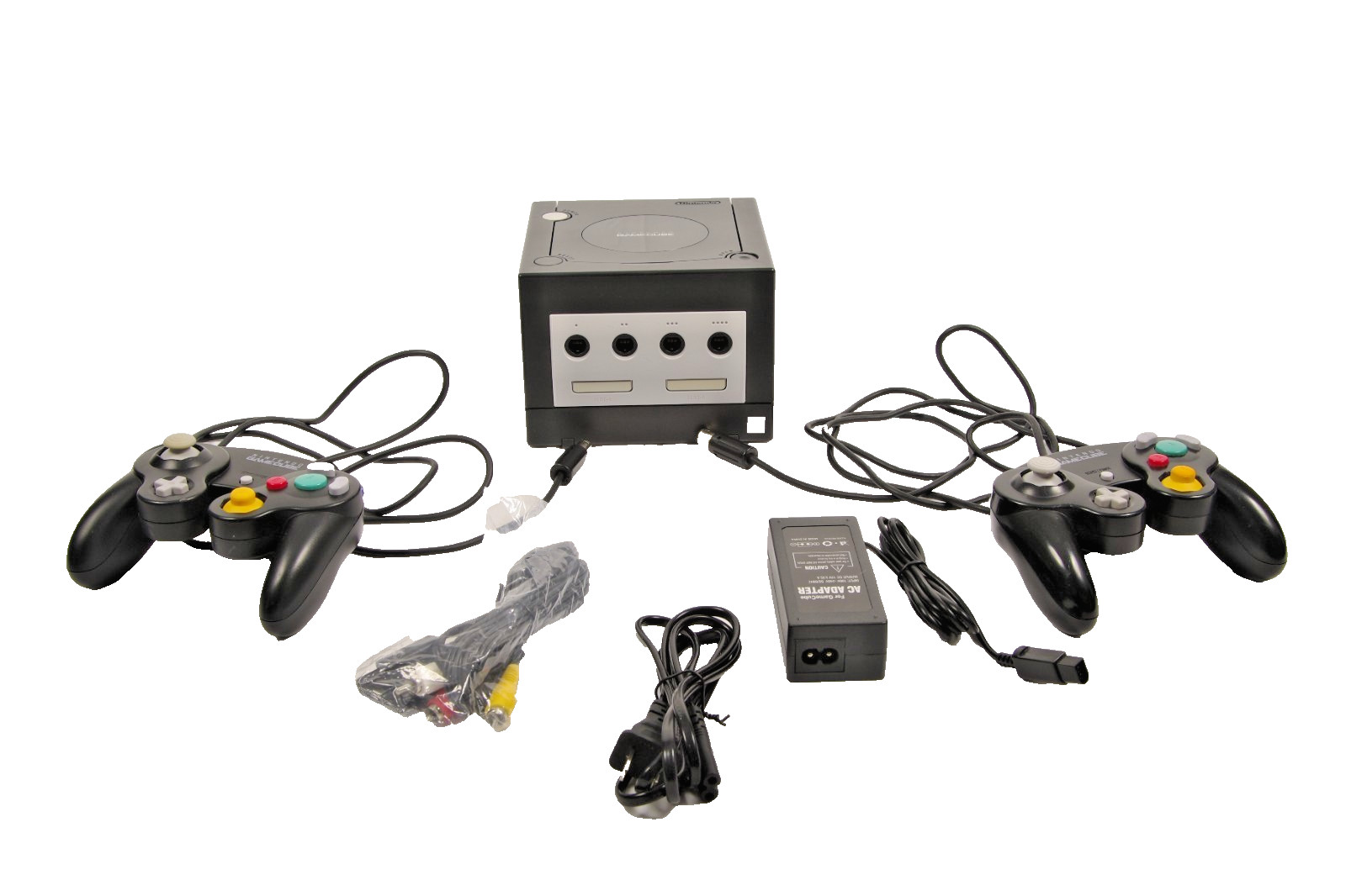 Nintendo GameCube Black Console, 2 – OEM Controllers + New Power & AV Cables