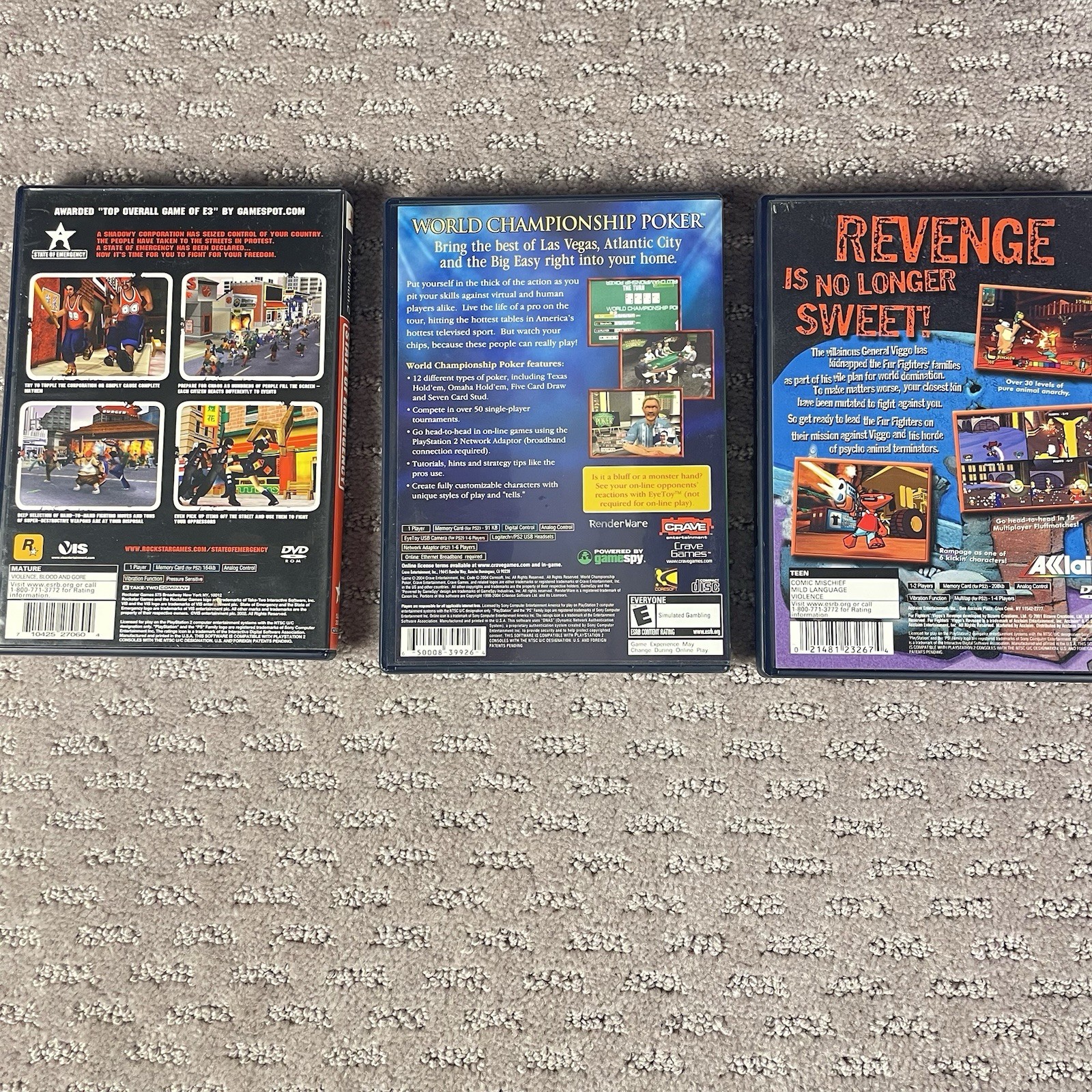 PS2 3 Games CIB Black Label w/ Reg Cards: Fur Fighters, State Emergency, Poker