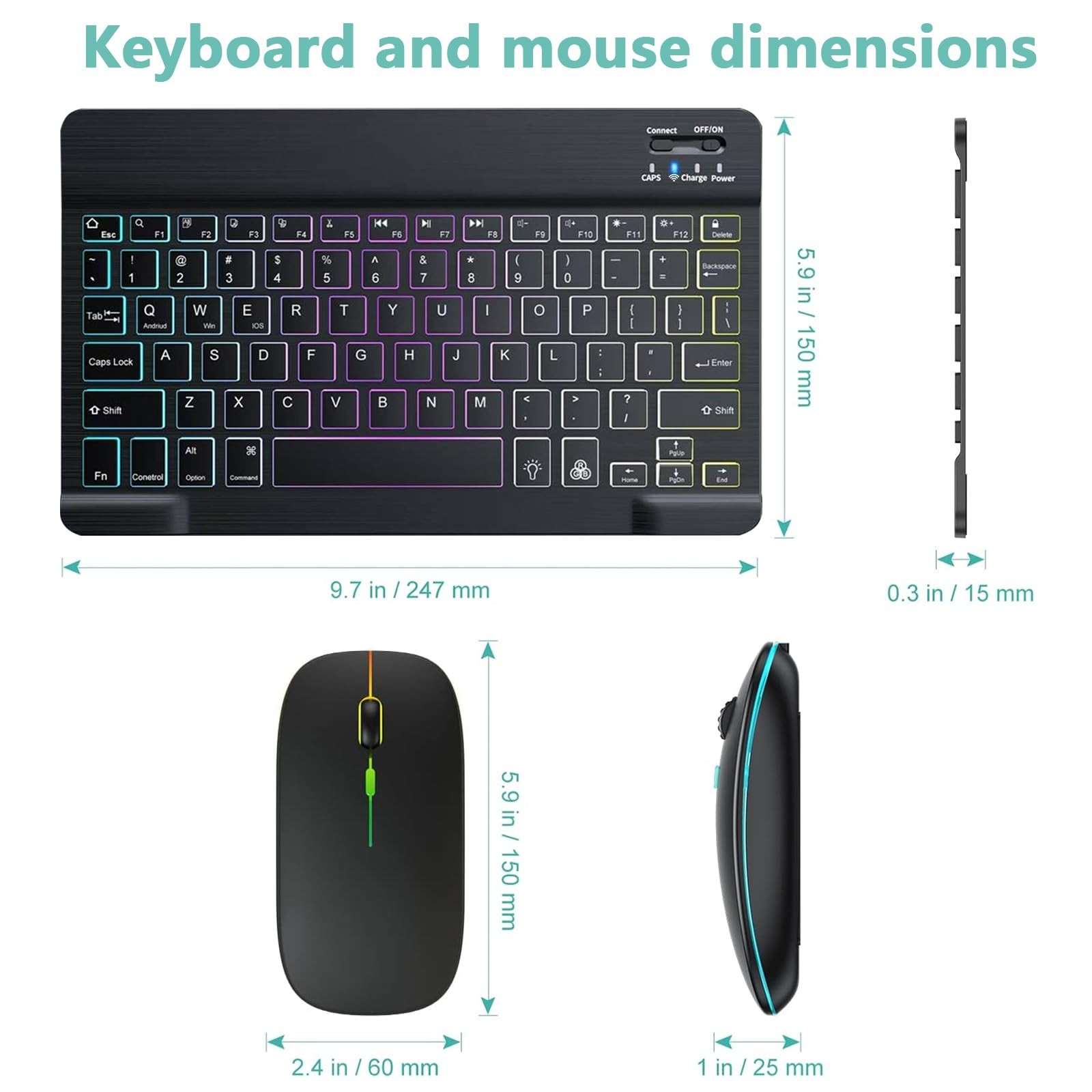Bluetooth Keyboard and Mouse Combo for iPad with 7-Color Black