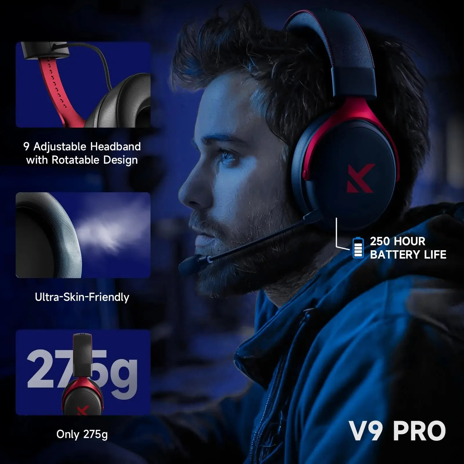 MCHOSE V9 Pro Wireless Gaming Headset 7.1 Surround Sound 250Hr Battery