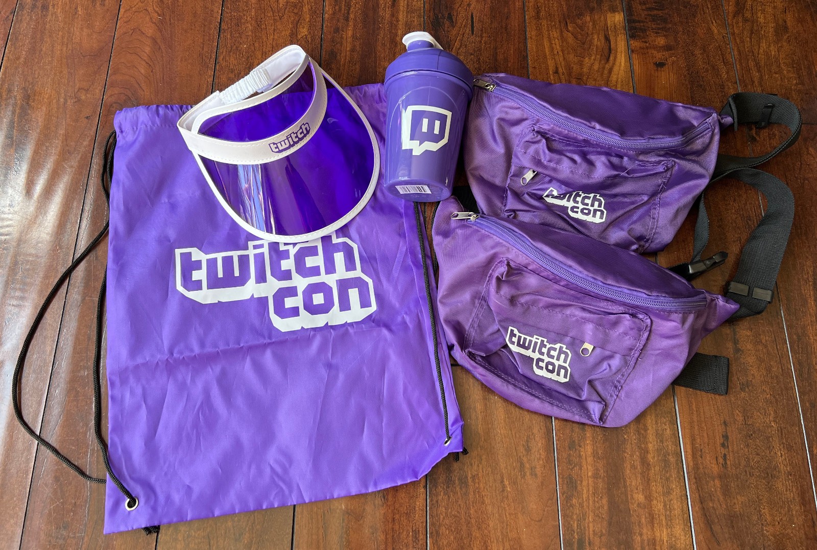 Twitch Con 2017 Merch Lot Fanny Pack Visor Cup Drawstring Bag TwitchCon Purple