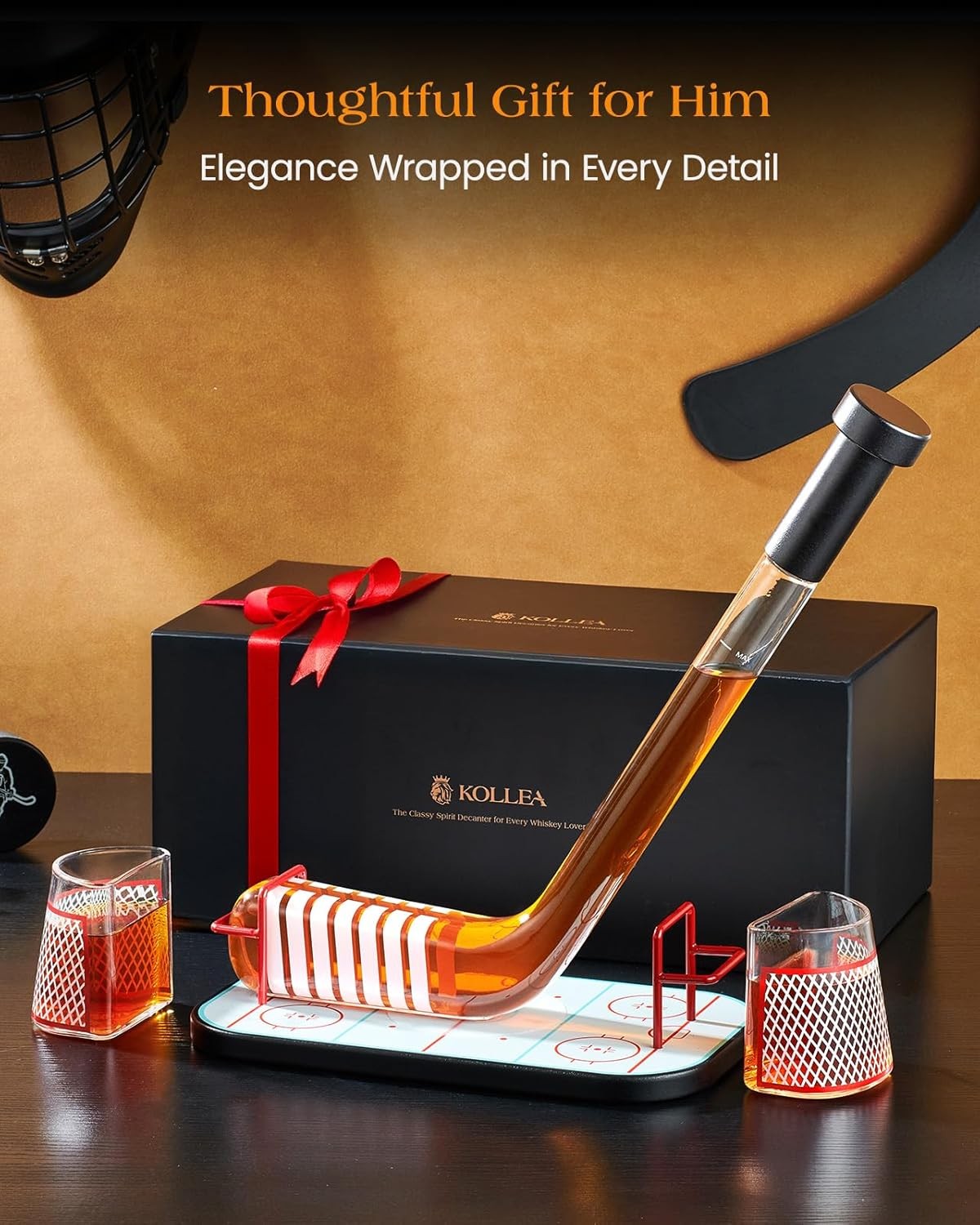 Gifts Men – Ice Hockey Whiskey Decanter Set W/ 2 Hockey Goal Glasses Unique Ice