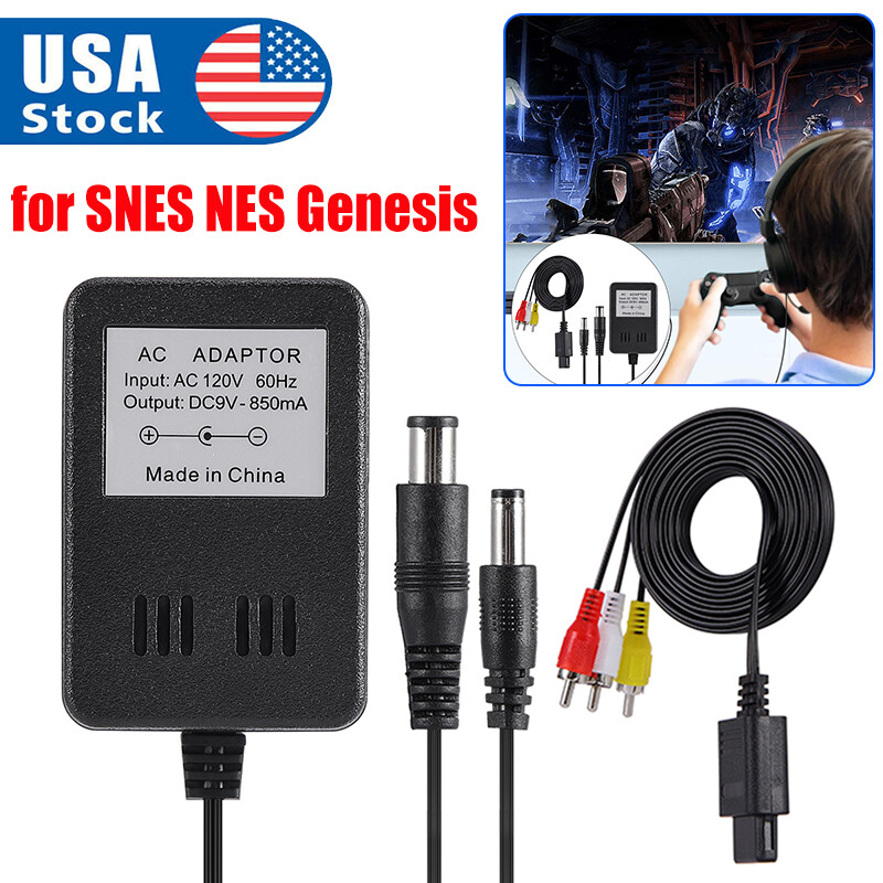 Audio AV RCA+AC Cable Power Supply Adapter Cord For Super Nintendo SNES Game Set
