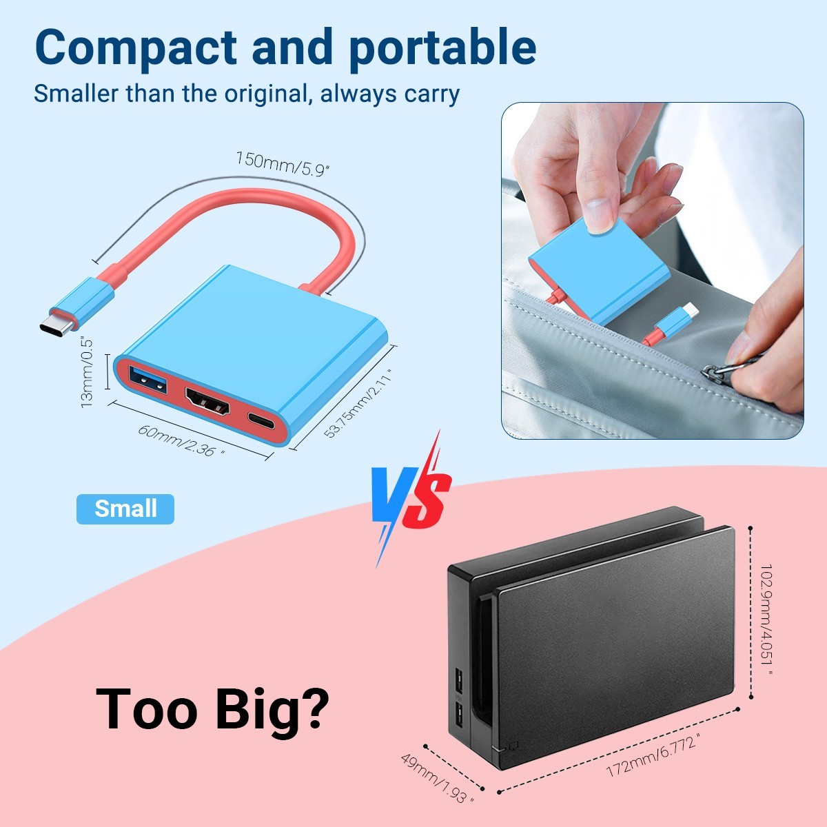 Nintendo Switch Dock USB-C Hub Adapter 4K HDMI Docking Station Portable TV 3.0