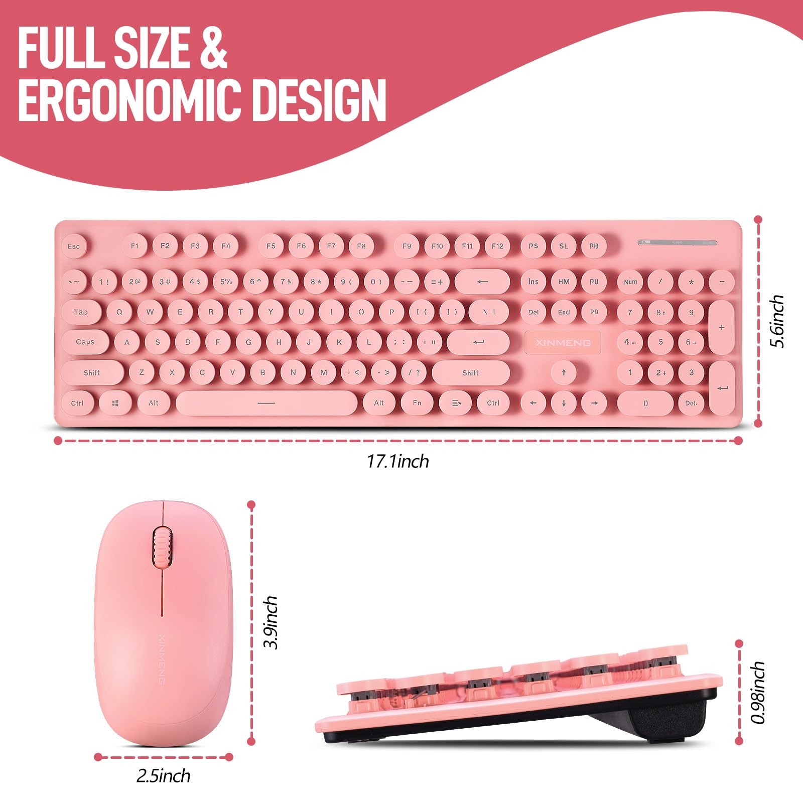 Wireless Keyboard and Mouse Combo, Full Size Compact Quiet pink