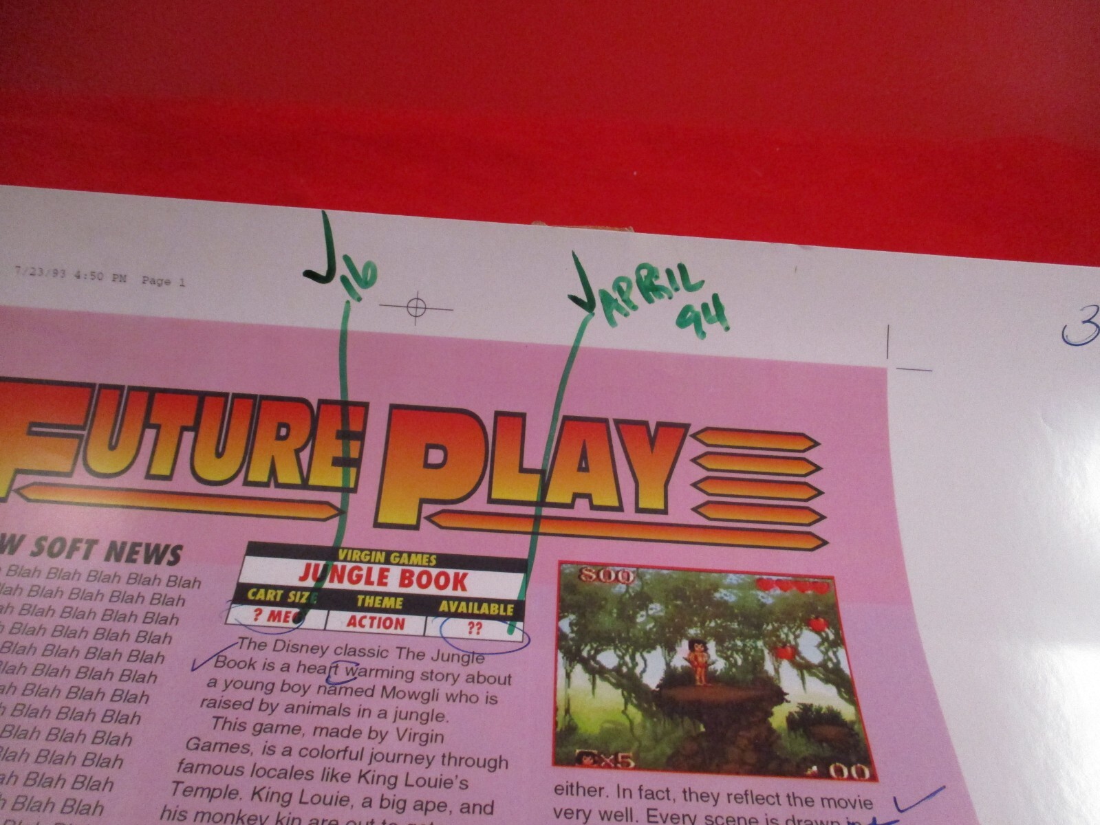 Super NES Buyer’s Guide Magazine Prototype Sheet Jungle Book “Blah Blah Blah”
