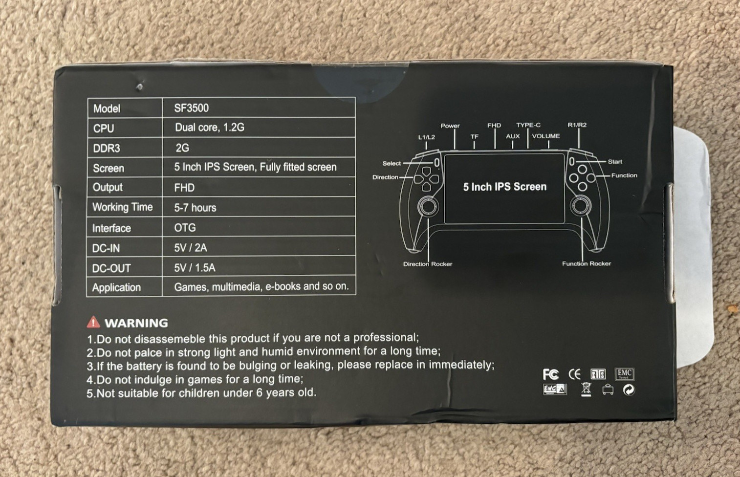 SF3500 Handheld Game Player 5” IPS Screen New Open Box