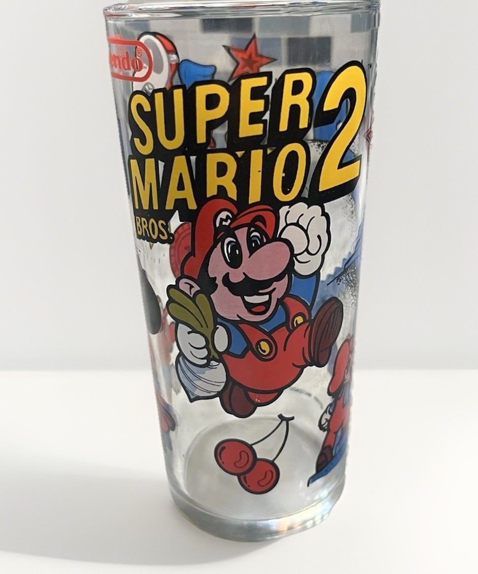 Super Mario Bros. 2 Promotional Drinking Glass Nintendo Vintage 1989 6 1/4″ Tall