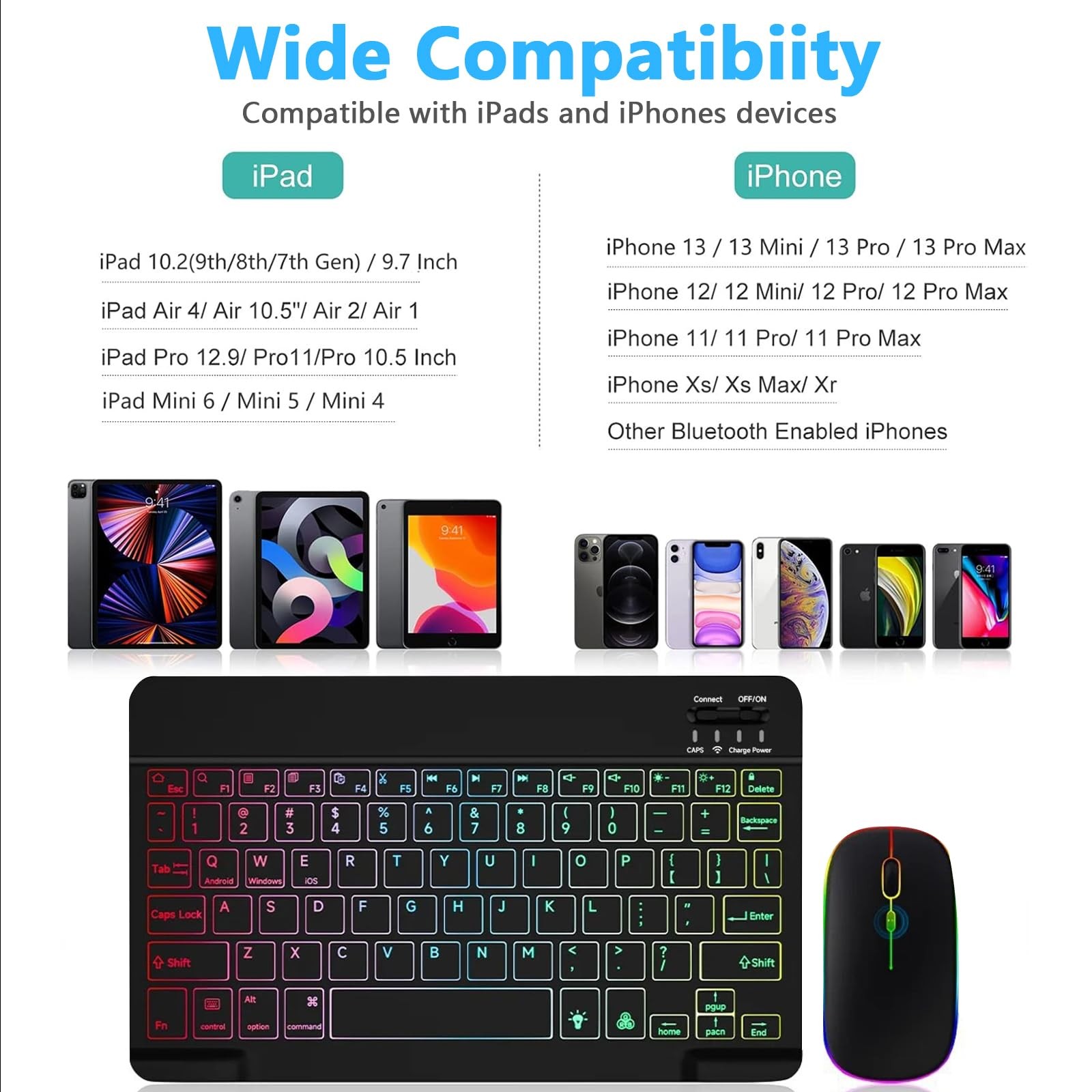 Bluetooth Keyboard and Mouse Combo for iPad with 7-Color Black