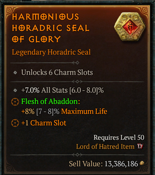 Diablo 4 🔥 Legendary Horadric Seal 🔥 up to 6 CHARM SLOTS | Season 13