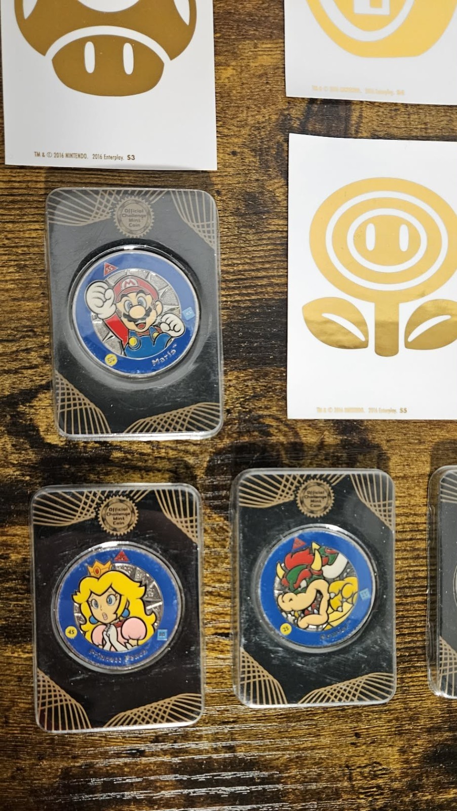 Vtg Super Mario Challenge Coin Lot – 6 Silver Colored Challenge Coins & 7 Decals