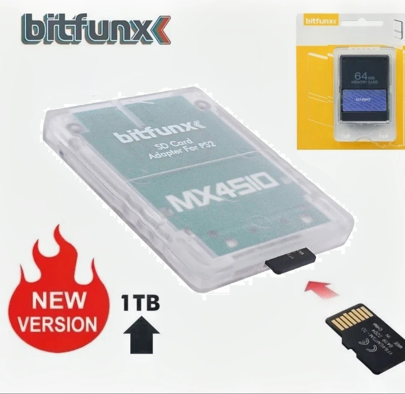 MX4SIO SD/MicroSD Adapter with Required 64MB Memory Card for PS2 Slim | Clear