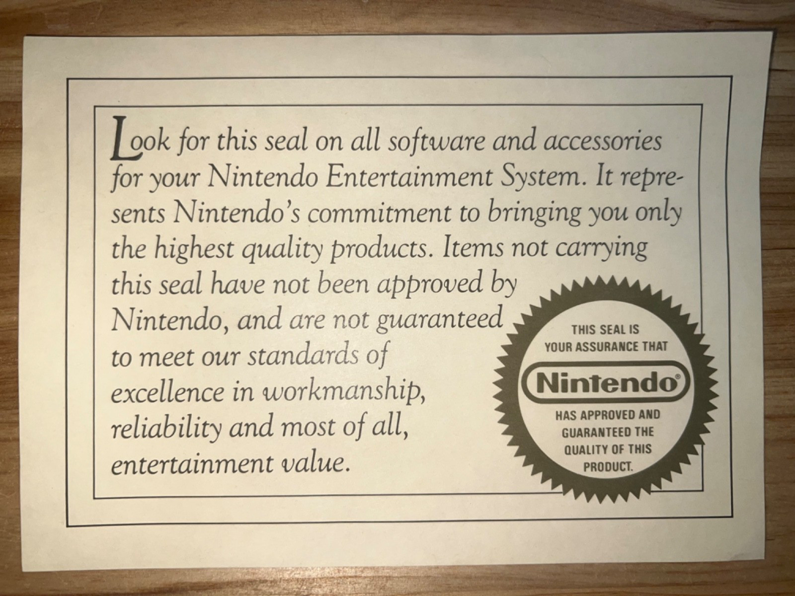 1985 NINTENDO Round SEAL OF QUALITY Large Insert SHEET NES Test Deluxe Set RARE!