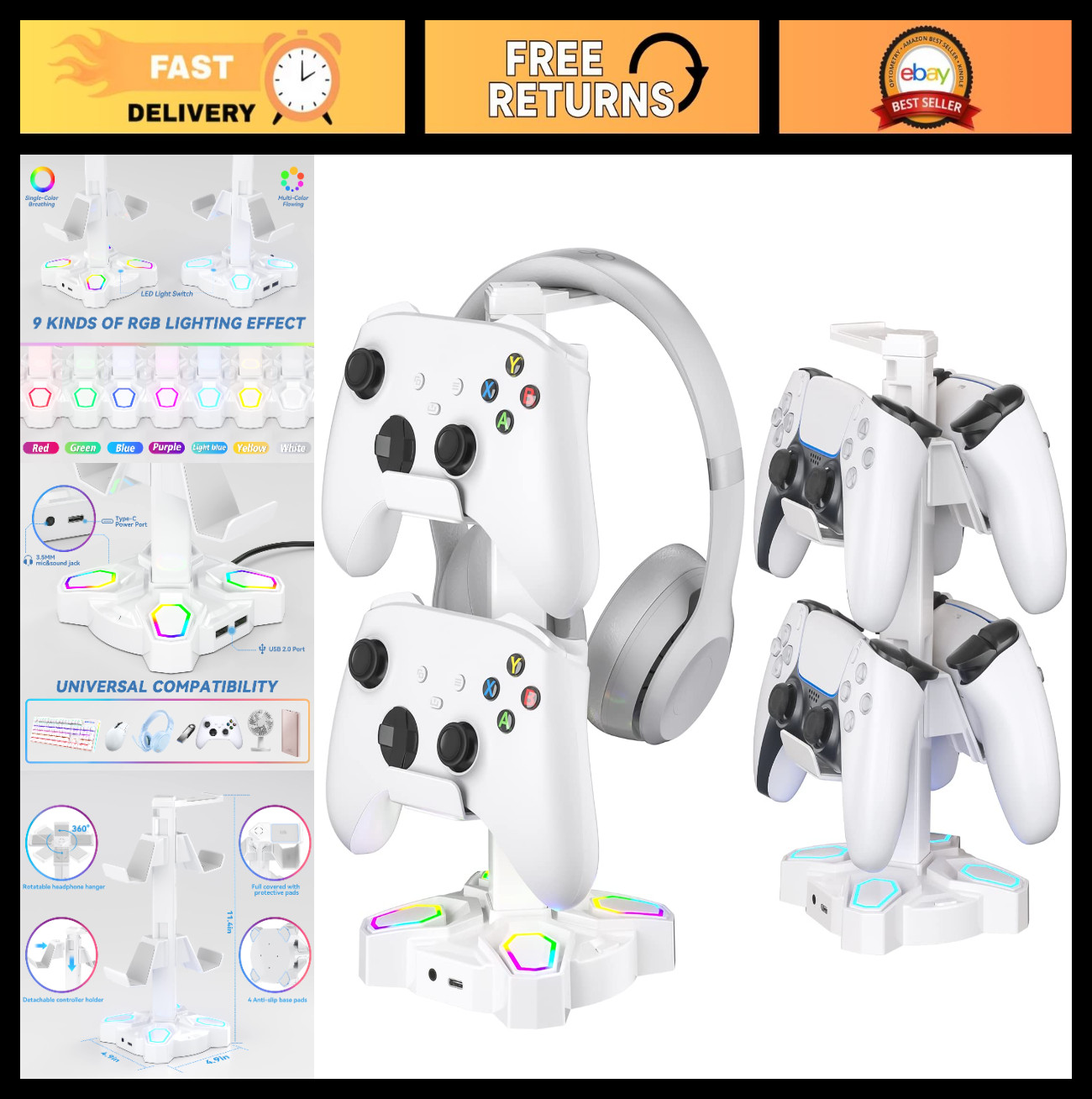 Gaming Headset Stand with RGB Light, 2 USB Ports & 3.5mm Audio Jack – Desktop Ac