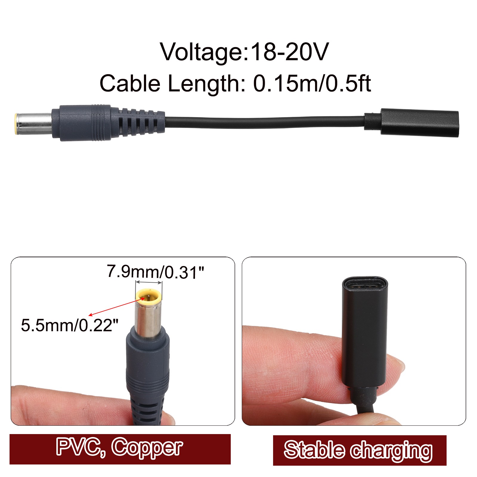 0.5FT USB C to DC PD Power Fast Charging Cable, 7.9mmx5.5mm 65W/18V-20V(Black)