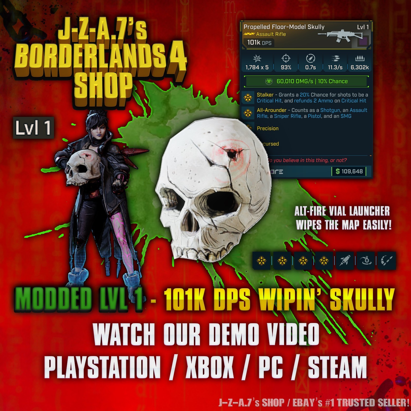 Borderlands 4✨ MODDED LEVEL 1 ONE 101k DPS MAP WIPING SKULLY AR BL4✅PC-PS-XBOX✨