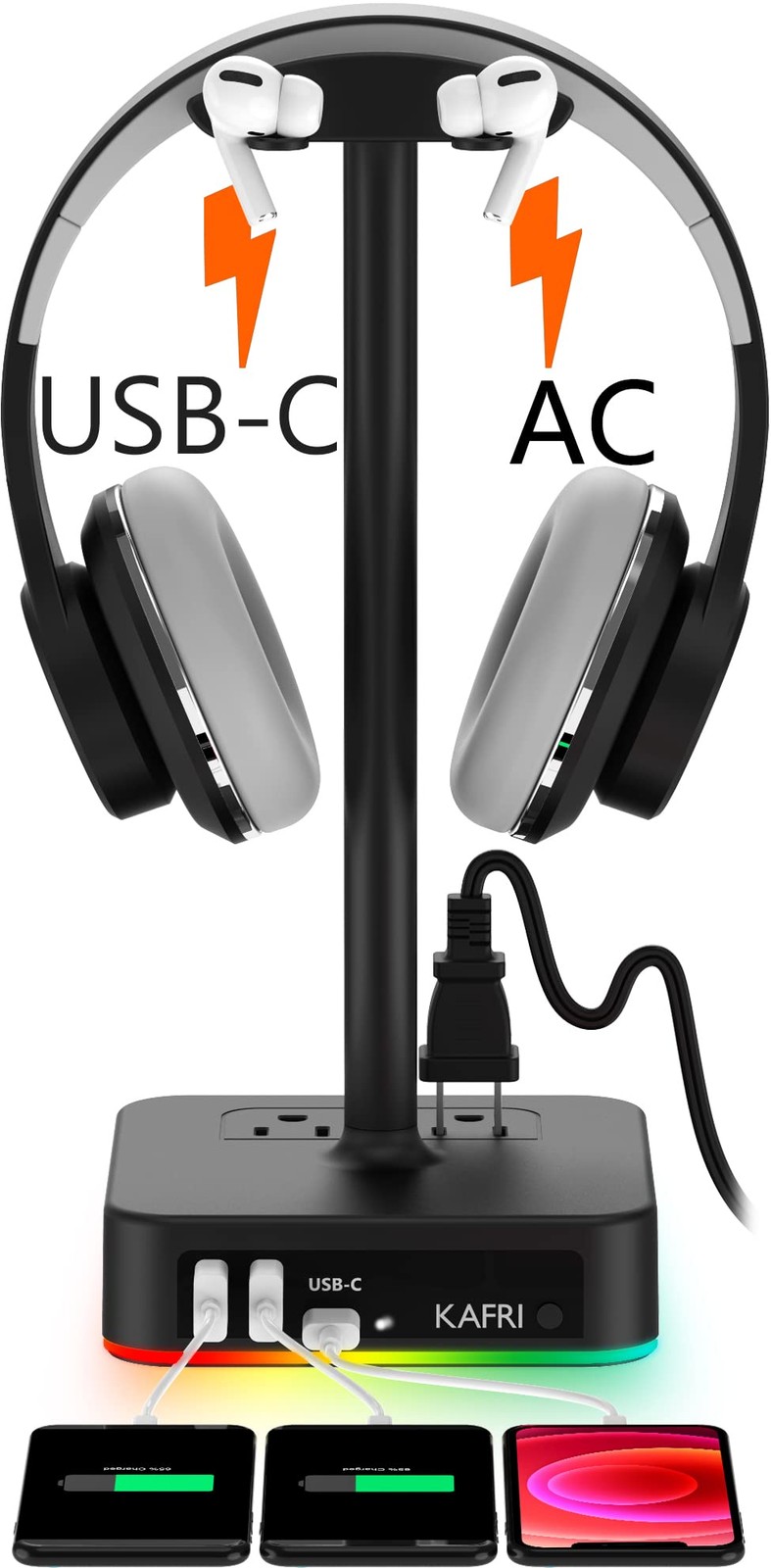 RGB Headphone Stand with USB A&C Charger Desk Gaming Headset Holder Hanger Ra…